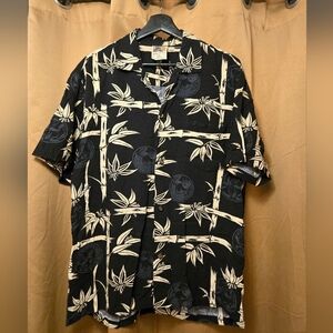 Winnie Fashion Black White Bamboo Zen Fish Rayon Hawaiian Shirt Large